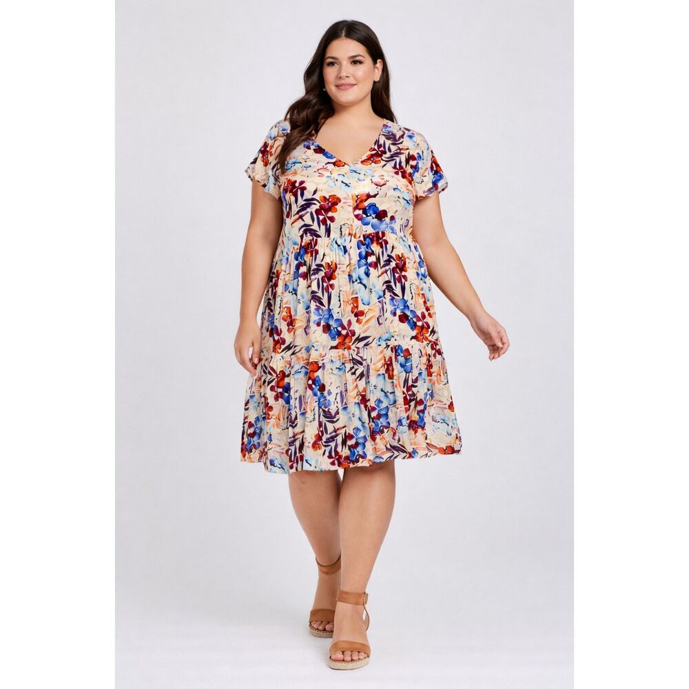 Rewind Floral Tiered Dress 22/24 Ruffle Sleeve V-Neck Shift Casual Boho